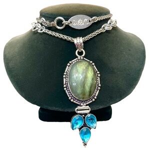 925 sterling silver overlay iridescent green labradorite topaz stone necklace
